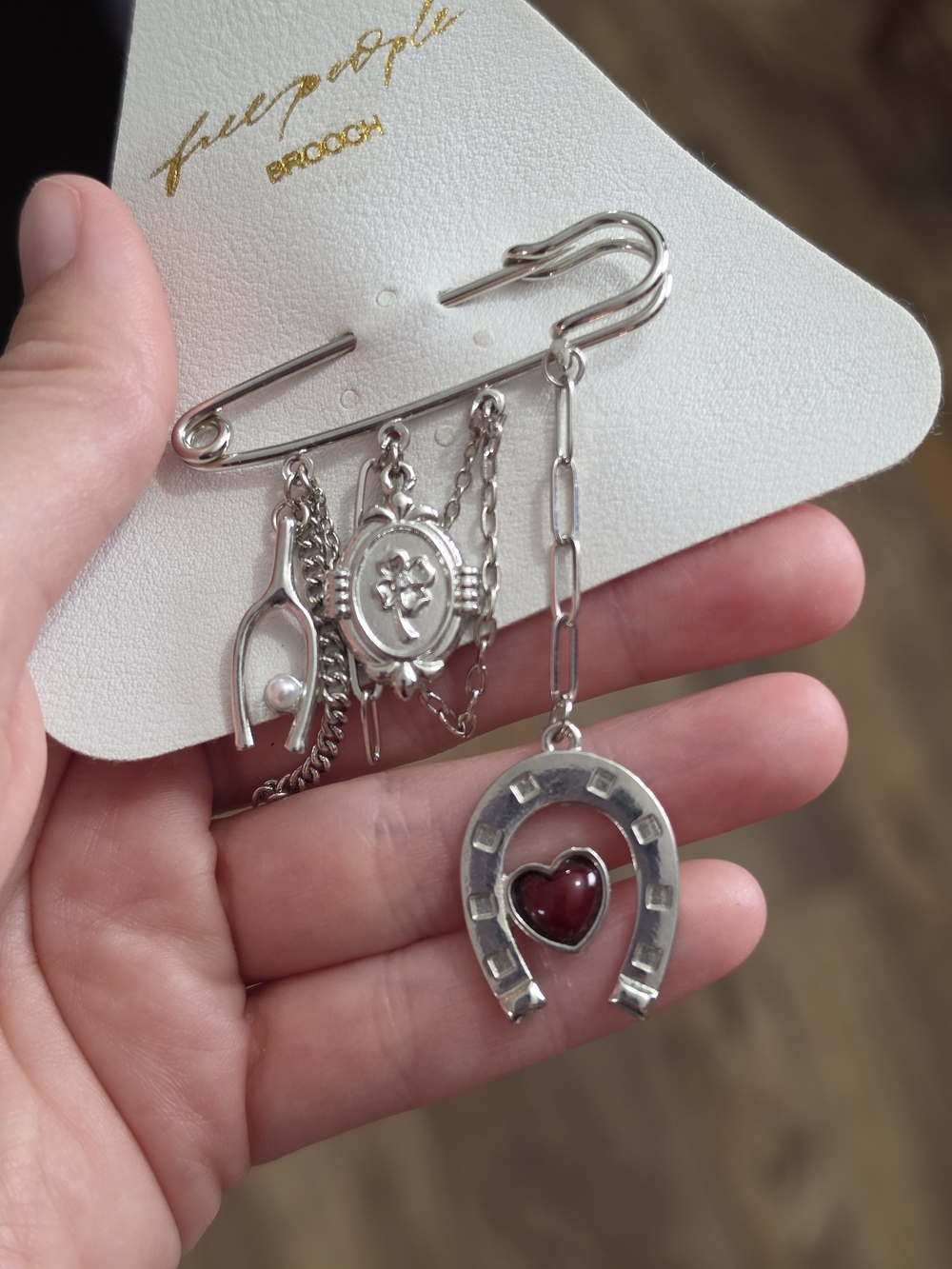 Free People Horseshoe Heart Charm Safety Pin Brooch NWT Boho Silver